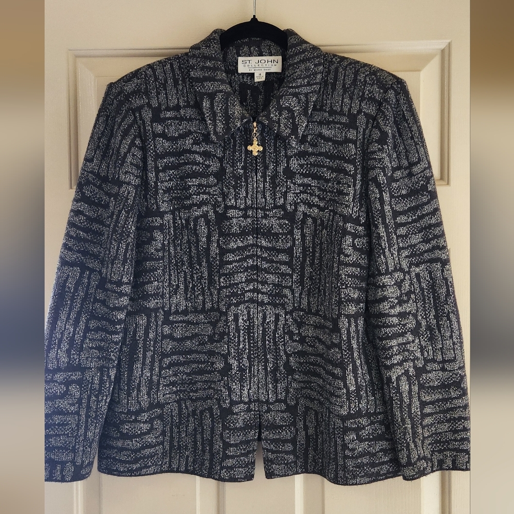 St. John Collection Black and Silver Textured Zip-Front Jacket